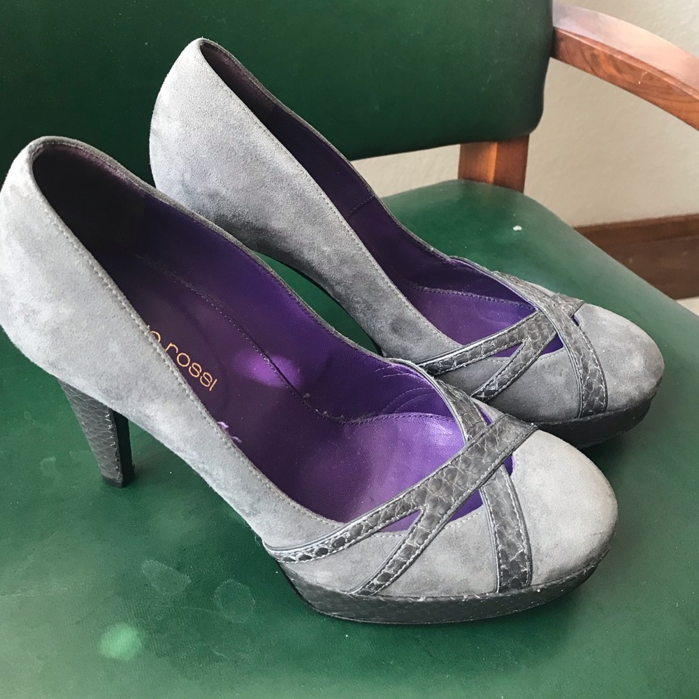 SERGIO ROSSI GREY SUED/GENUINE SNAKESKIN HEELS